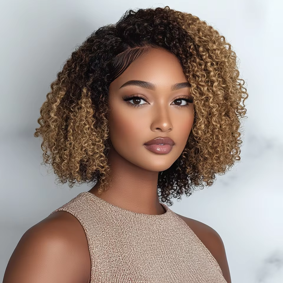 Perruque Bob Cheveux Humains Bouclés Crépus Ombré Brun 13x5x1 T Lace Frontal Densité 180% 10 Pouces Pré-Pluckée Sans Colle Noir Naturel pour Femmes