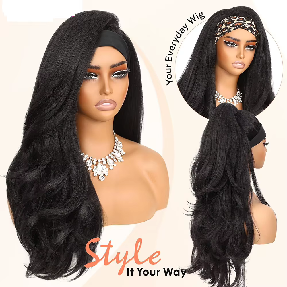 Perruques synthétiques Yaki ondulées avec bandeau pour femmes noires