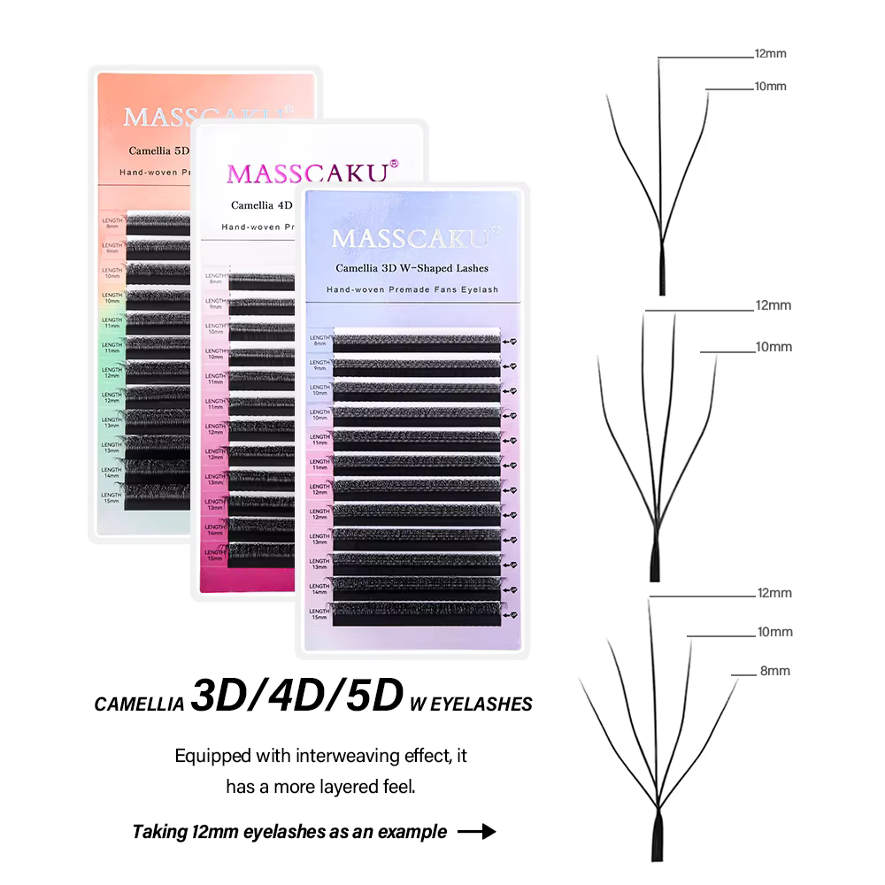 MASSCAKU C D Curl camélia W cils en forme de longueur mixte tissage à la main ventilateurs de Volume russe Extension