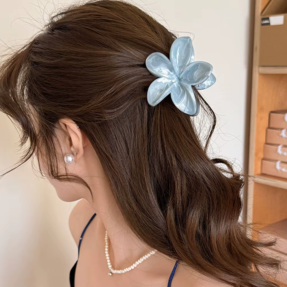 Nouvelle pince à cheveux jaune grande taille avec fleurs bleues