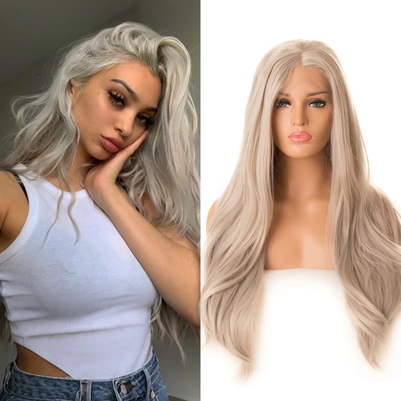 Perruque synthétique longue ondulée Blonde cendrée avec raie centrale