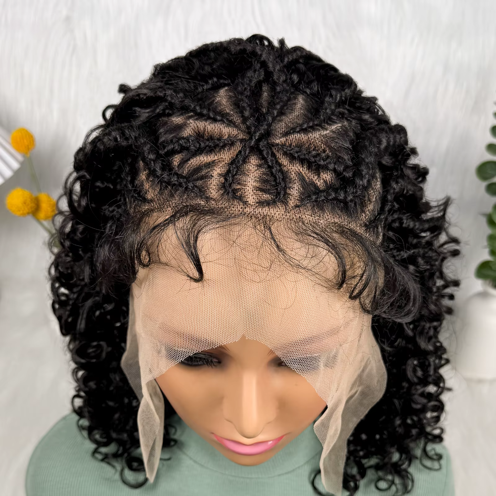 Perruque synthétique courte frisée KIMA Lace Front Cornrow avec tresses torsadées