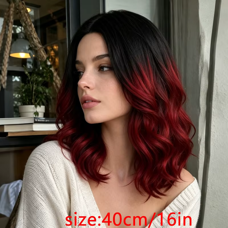 Perruque synthétique bouclée à raie centrale pour femme, 16 pouces, dégradé noir et bordeaux, adaptée à diverses occasions élégantes.