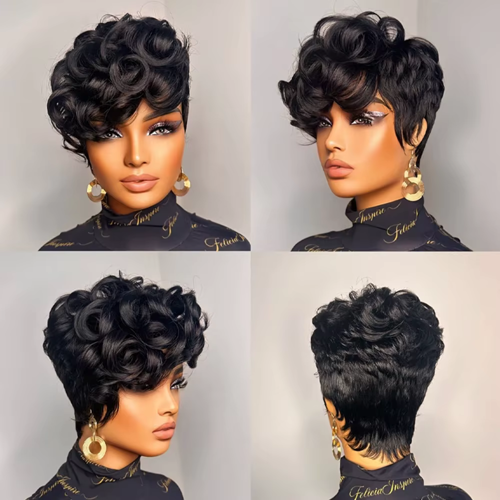 Perruque de cheveux humains coupe lutin 6 "en couches courtes bouclées lâches avec frange Remy