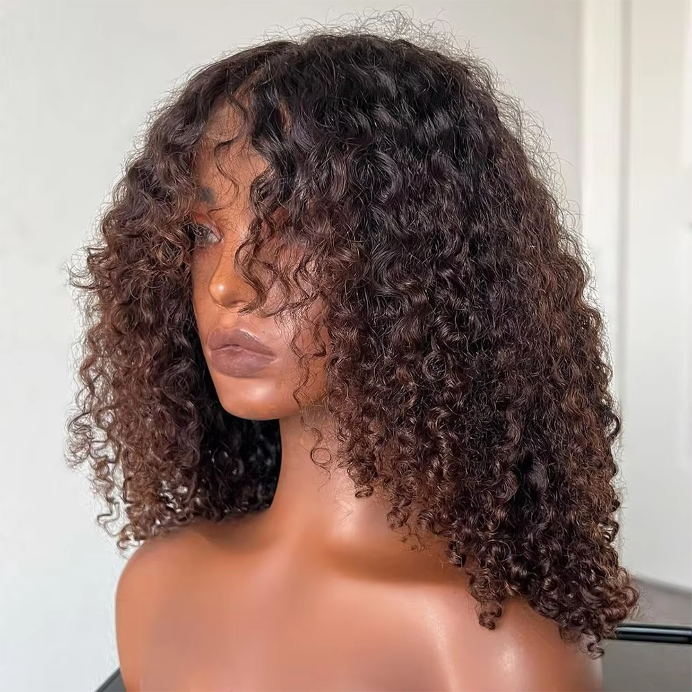 Perruque bouclée birmane avec frange 7x5 HD dentelle sans colle Ombre marron 4X4 5X5 pré-coupée HD
