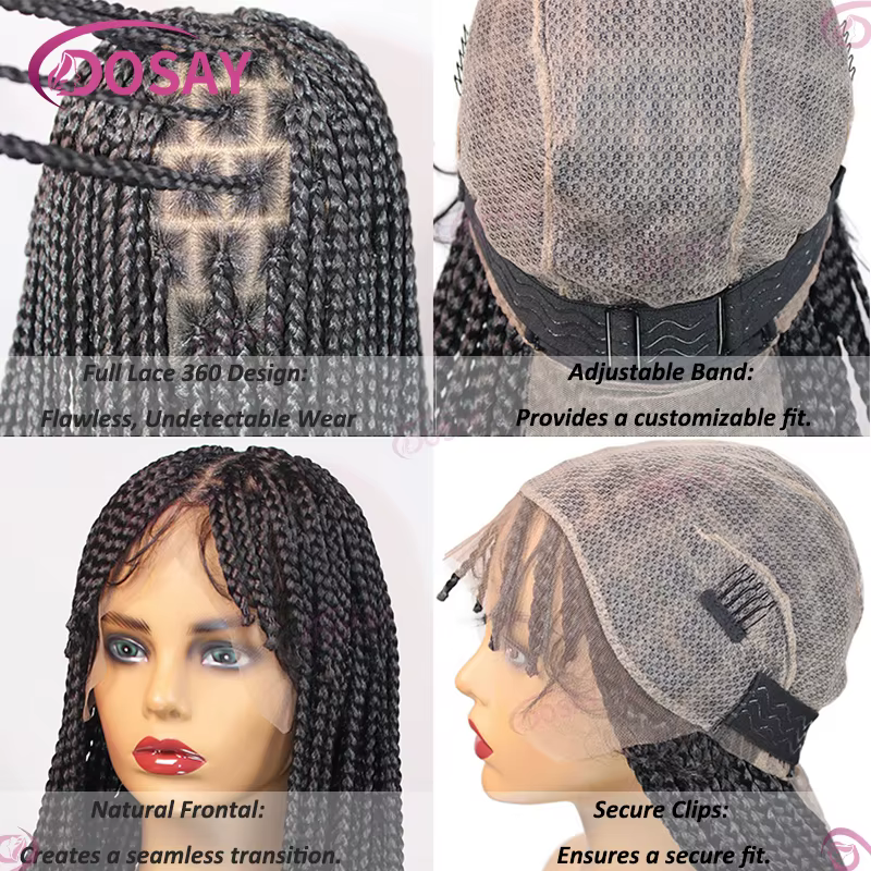 Perruque Synthétique Tressée avec Frange pour Femme Noire
