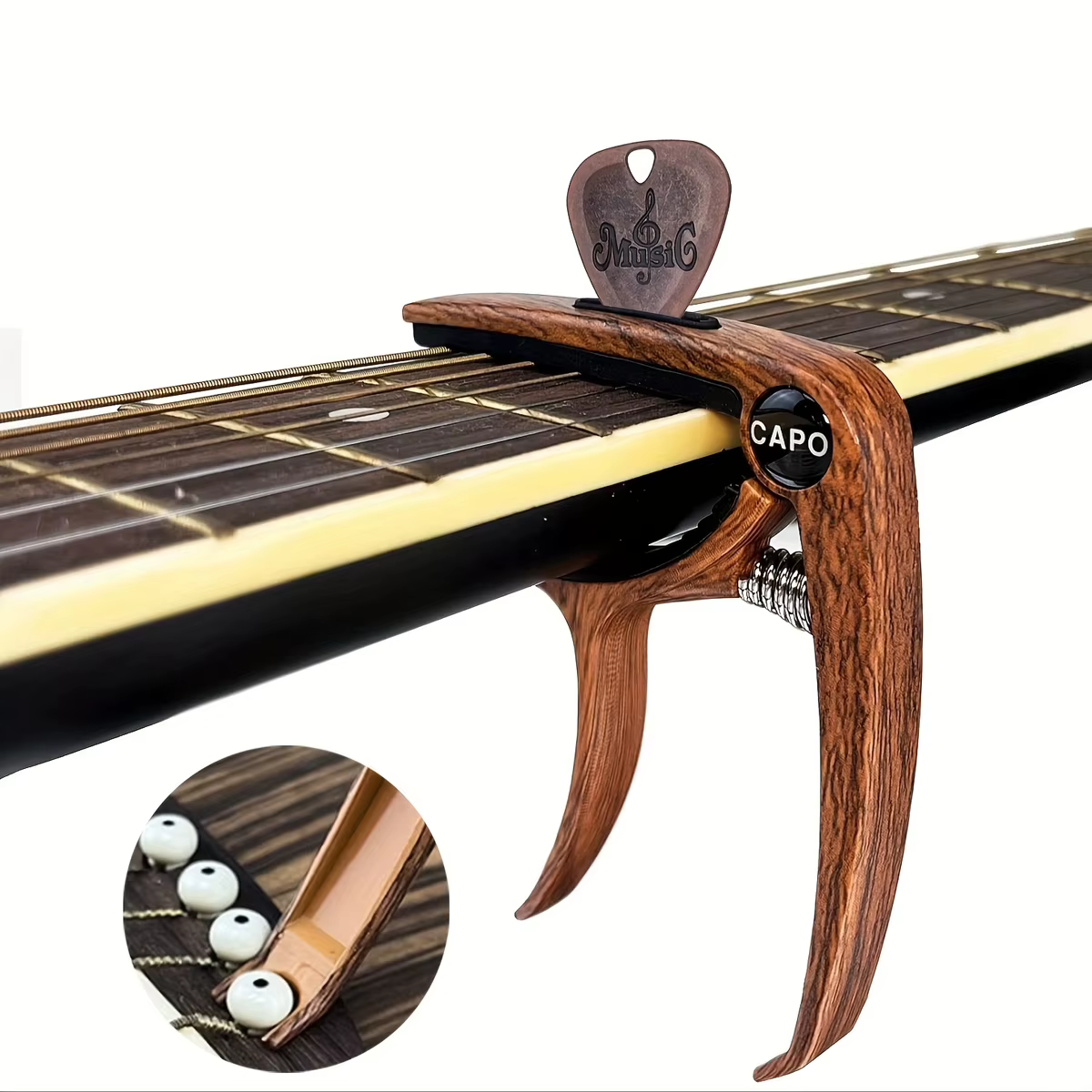 Capodastre de guitare en métal en alliage de zinc 3 en 1 - avec 1 plectrum de guitare en métal. Convient pour le stockage des capodes, des plectres et l'extracteur de broches de pont.