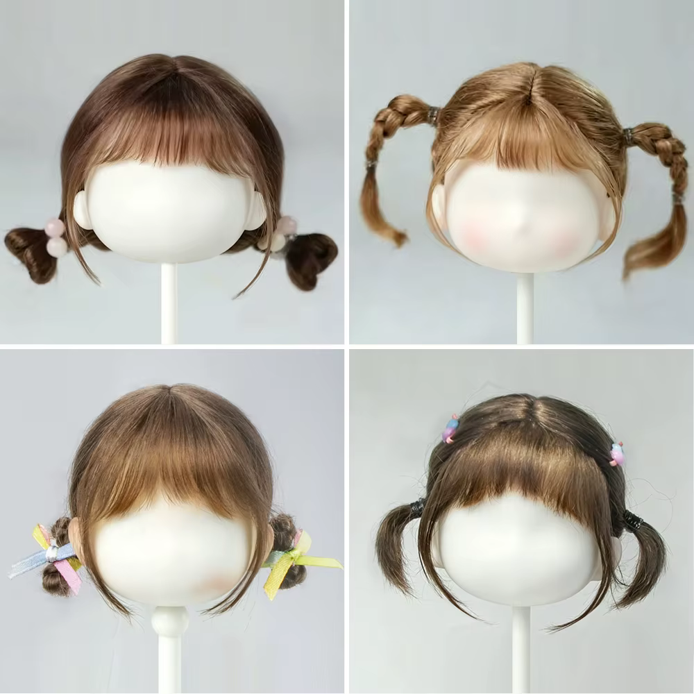 Queue de cheval cheveux étudiant chignon mignon tressé frange mohair mi-attaché doux perruque updo pour Ob11 1/8 1/12 BJD poupée accessoires 5-6 pouces