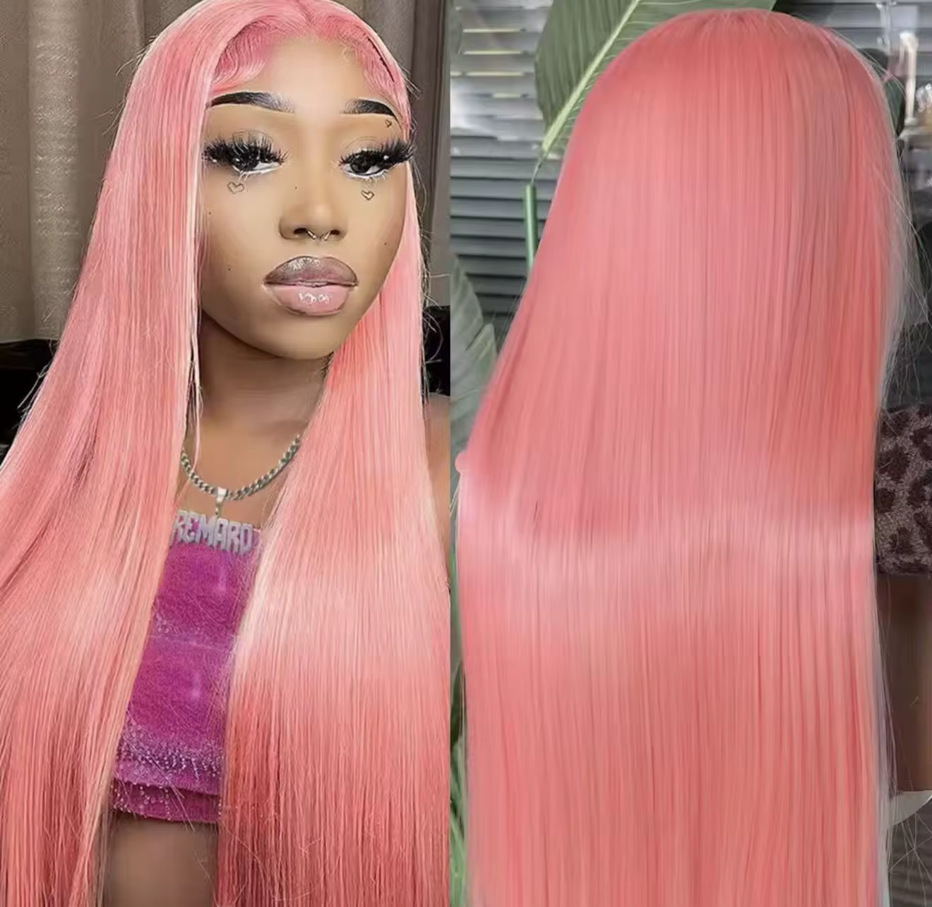 Perruque Lace Frontal Wig synthétique lisse et soyeuse de couleur rose