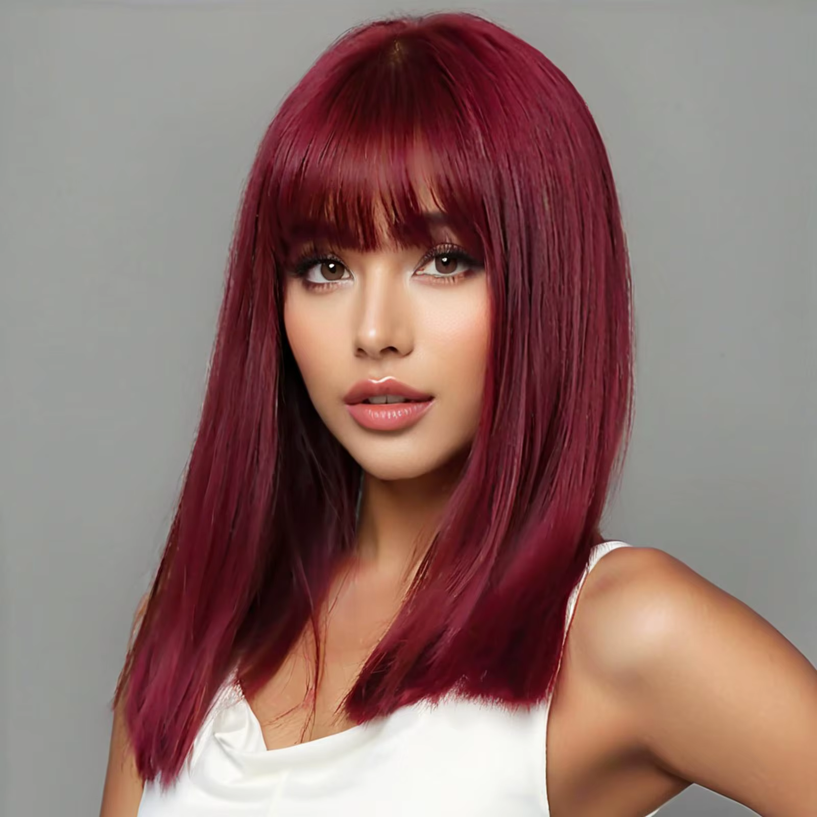 Perruque synthétique longue et lisse rouge vin pour femmes