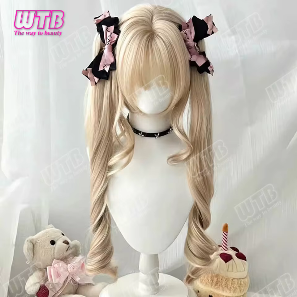 WTB Perruque synthétique Lolita avec deux queues de cheval et frange