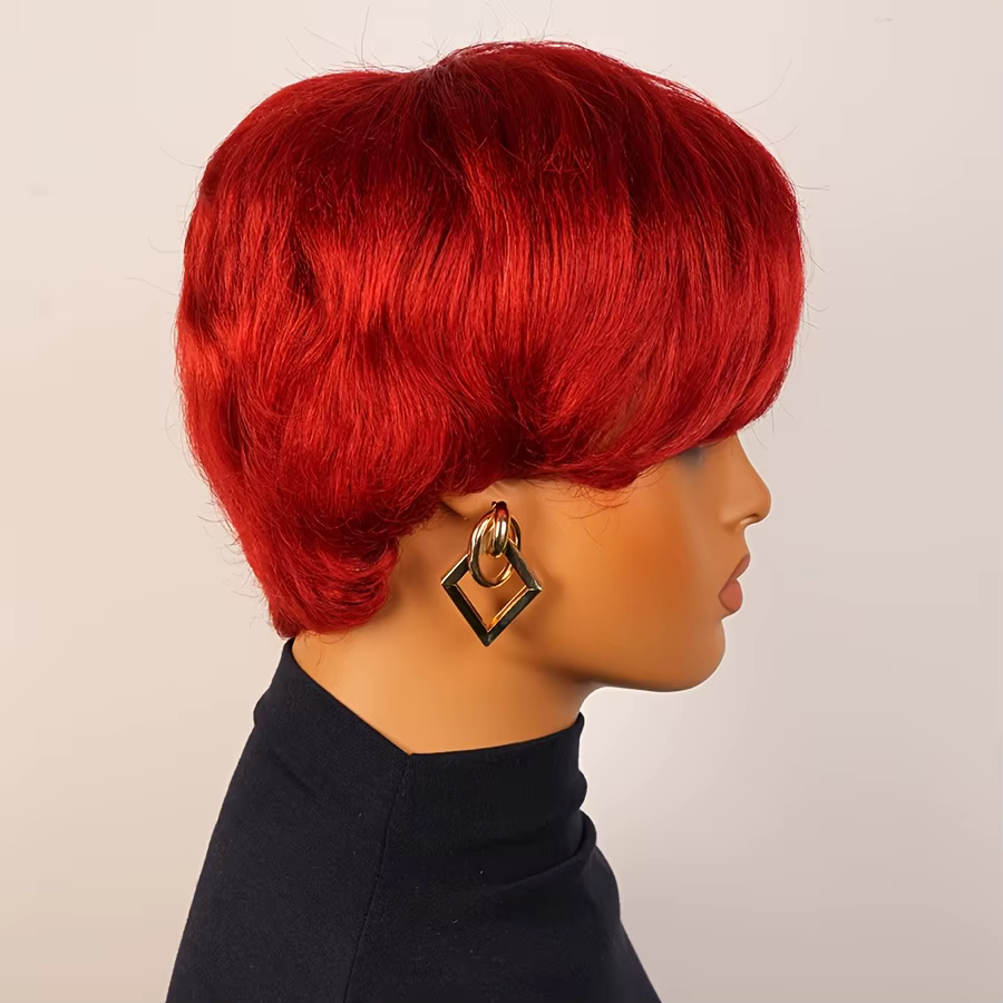 Perruque de cheveux humains courts de couleur rouge avec frange