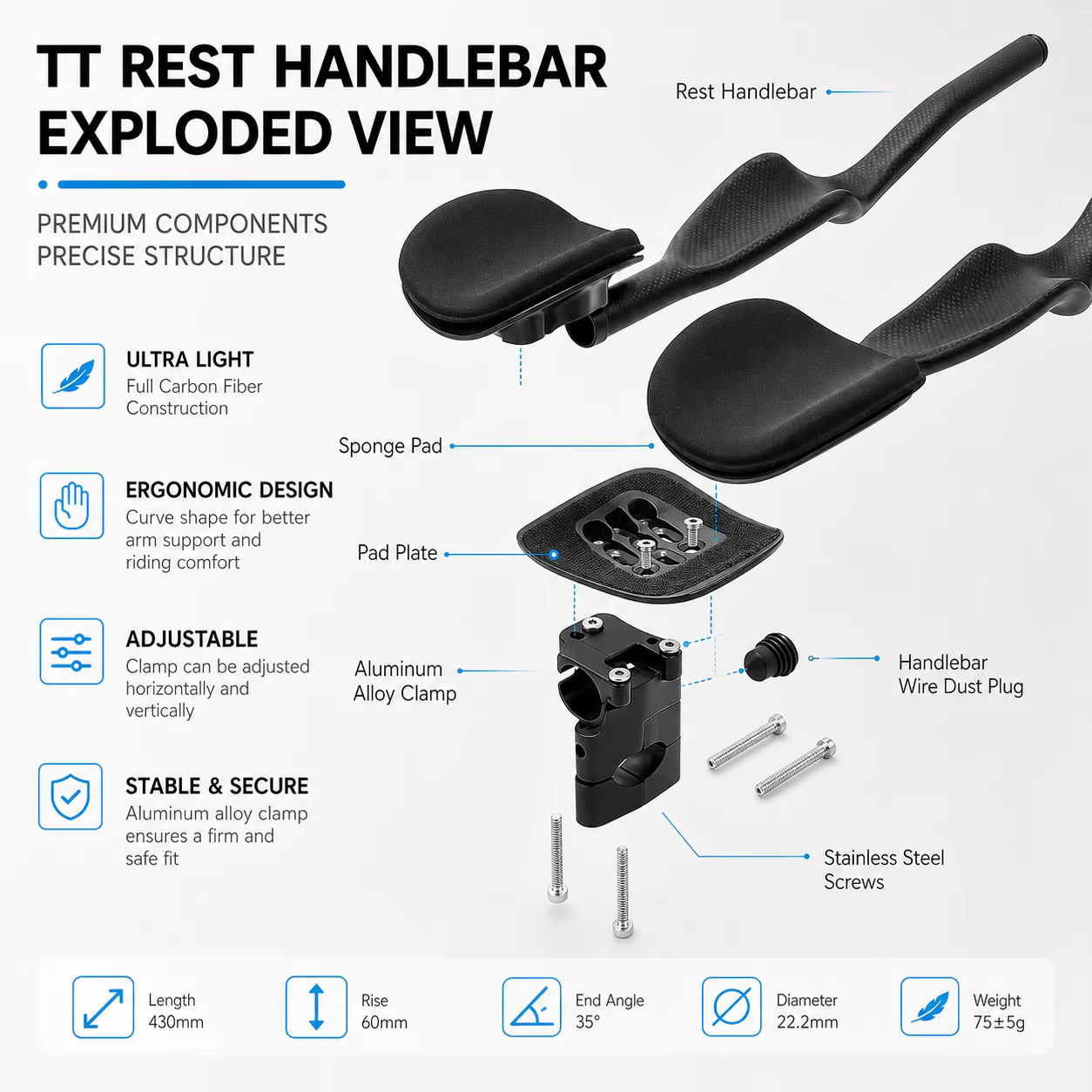 ULLICYC vélo de route Triathlon temps d'essai, repose-vélo entièrement en carbone mat/brillant 3K guidon TT 35 ° Pour guidon d'extension Aero