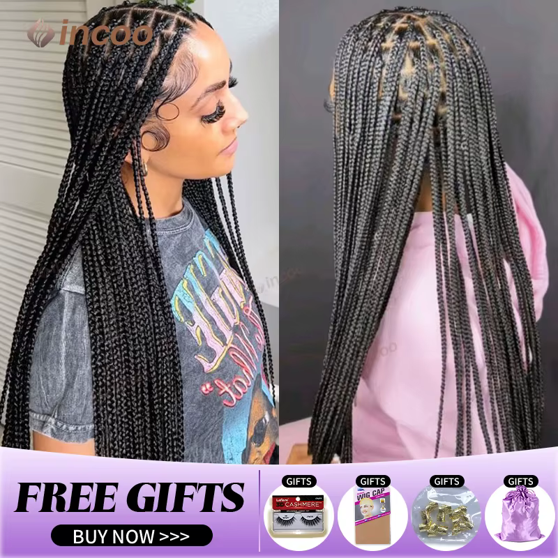 Perruques tressées synthétiques pour femmes noires perruque pleine dentelle tresse africaine sans noeud boîte tresses