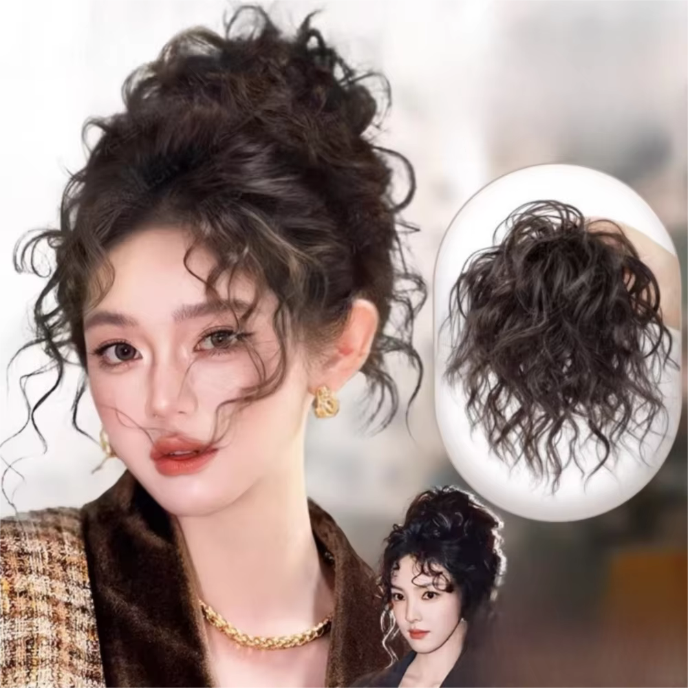 Nouvelle Perruque Synthétique Chignon Bandeau Cheveux Bouclés Marron Volumineux Postiche