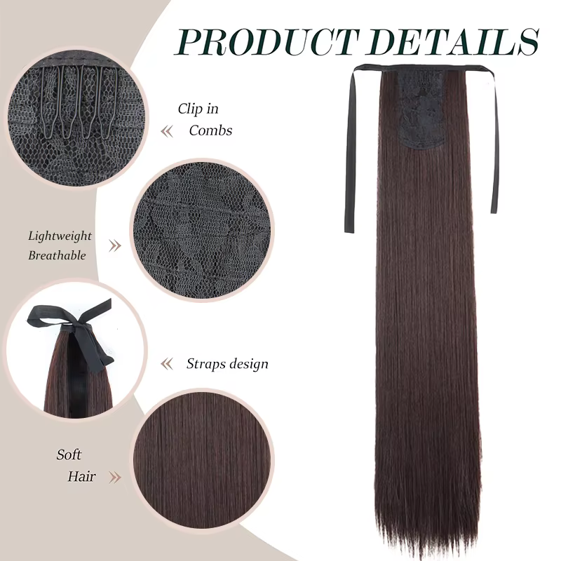Extension de cheveux queue de cheval longue et droite avec attaches pour femmes, perruque synthétique résistante à la chaleur facile à clipser