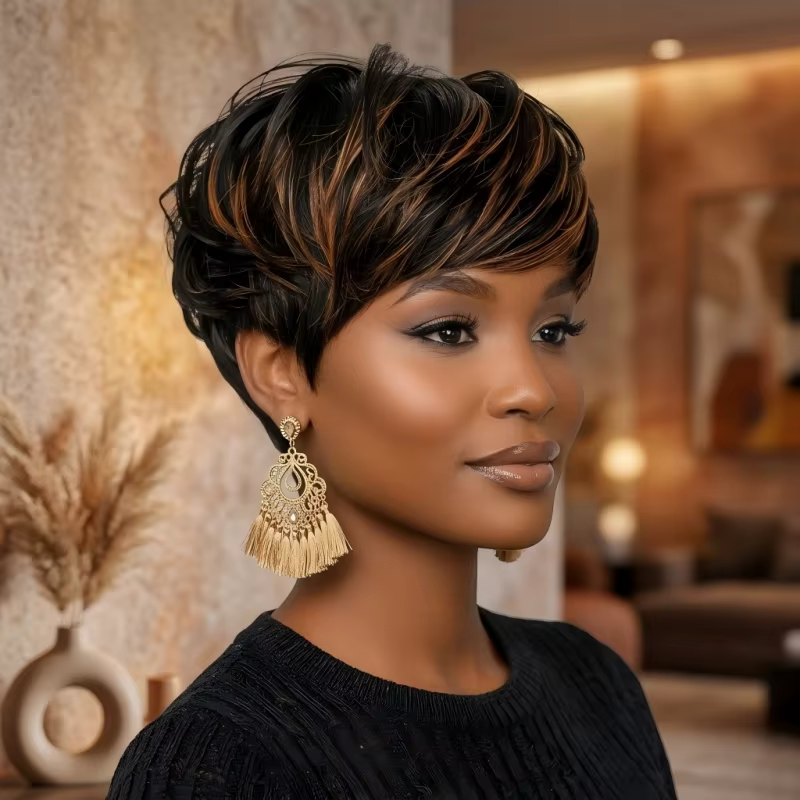 Perruque courte ondulée naturelle noire-brun style pixie avec frange