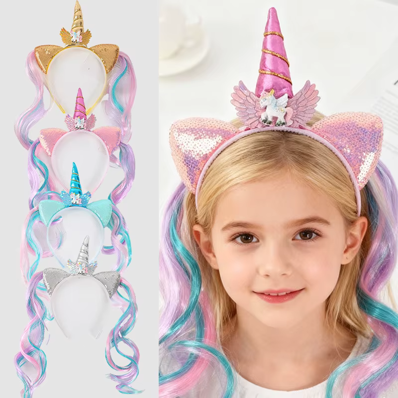 Perruque colorée licorne bandeau arc-en-ciel cheval Double queue
