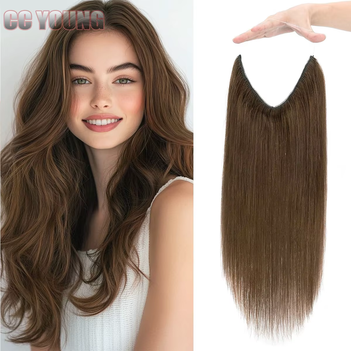 Extensions de cheveux 100% naturels, type fil de pêche, avec bande ajustable et clips discrets, extensions Remy pour femmes, couleur brun chocolat