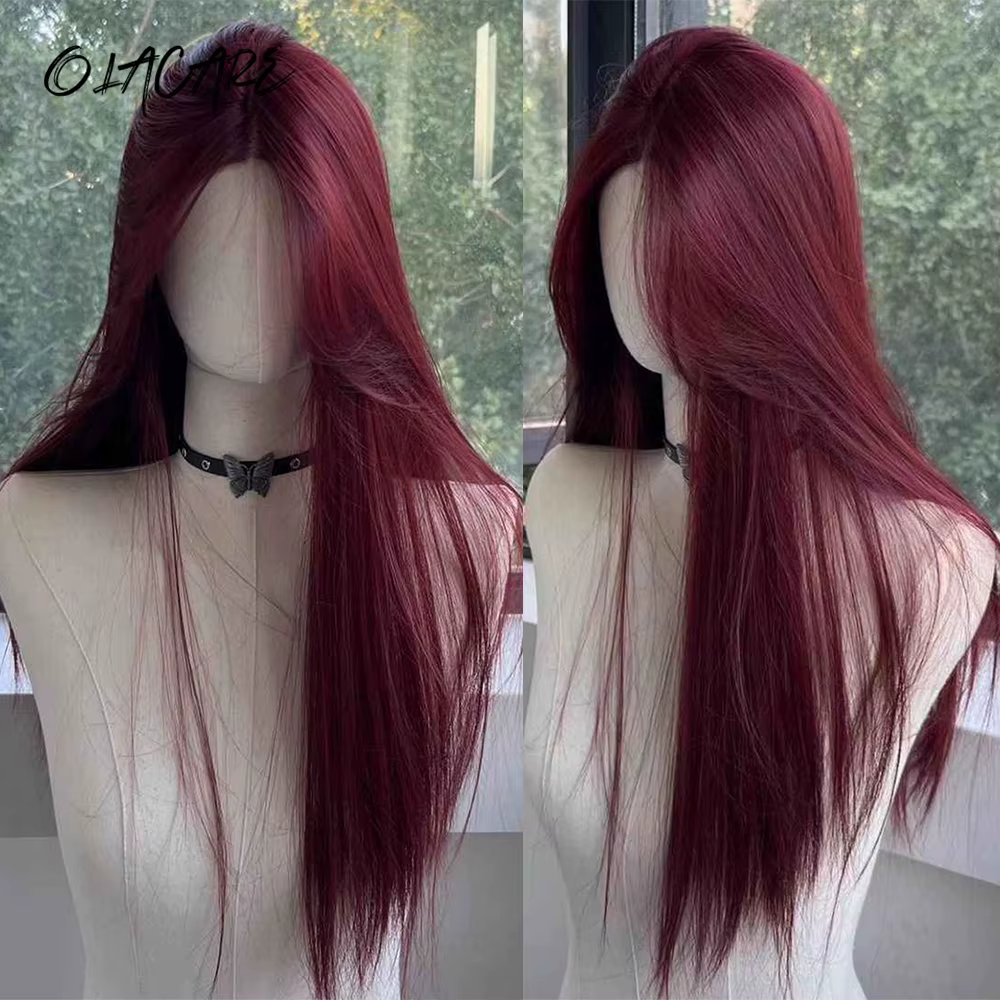 Perruque Lace Front Wig synthétique rouge longue et lisse pour femmes