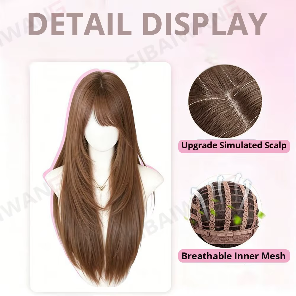 Perruques synthétiques longues et droites pour femmes, couleur brun champagne clair, pour usage quotidien, cosplay, fête, avec frange, résistantes à la chaleur