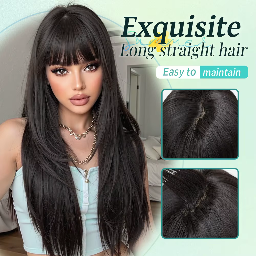 LOUIS FERRE perruque en fibres synthétiques pour femmes longue ligne droite soyeuse quotidien élégant perruques noir brun faux cheveux avec frange haute résistance