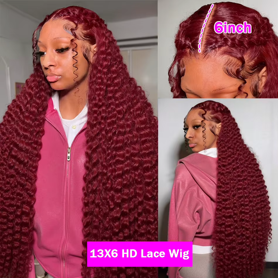 FRIZIRA vague profonde 99J bordeaux 13x6 dentelle frontale perruque cheveux humains 13x4 bouclés 32 36 pouces HD dentelle avant perruques vin rouge vague d'eau