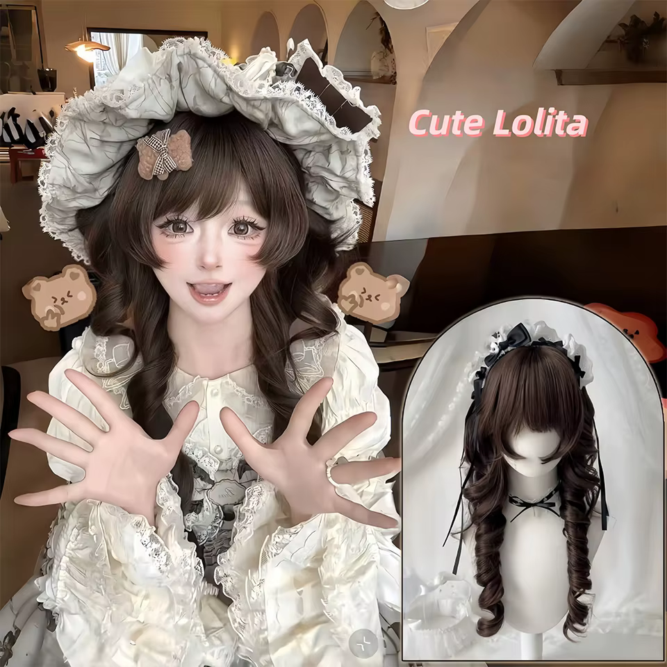 Perruque Lolita avec frange tête de méduse cheveux longs bouclés Fibers haute température
