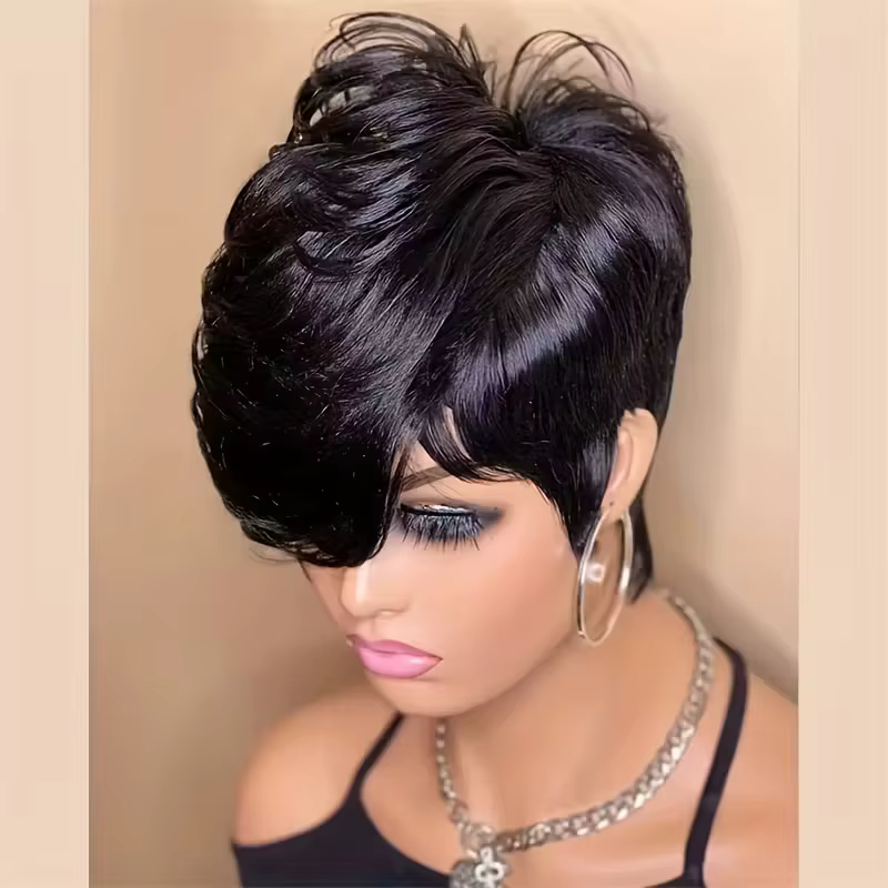 Perruque coupe lutin de cheveux humains sans colle de 6 pouces pour femmes avec longue frange Swoopy - Perruques superposées droites de densité 180%