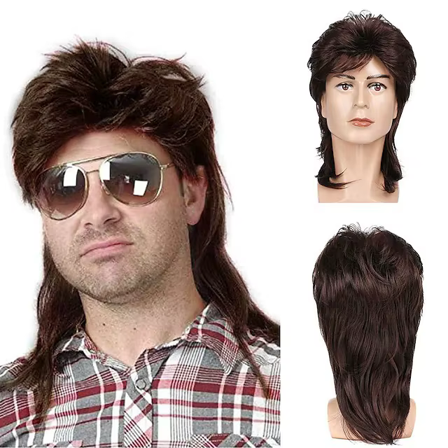 Perruque synthétique Baruisi style années 80 marron pour homme