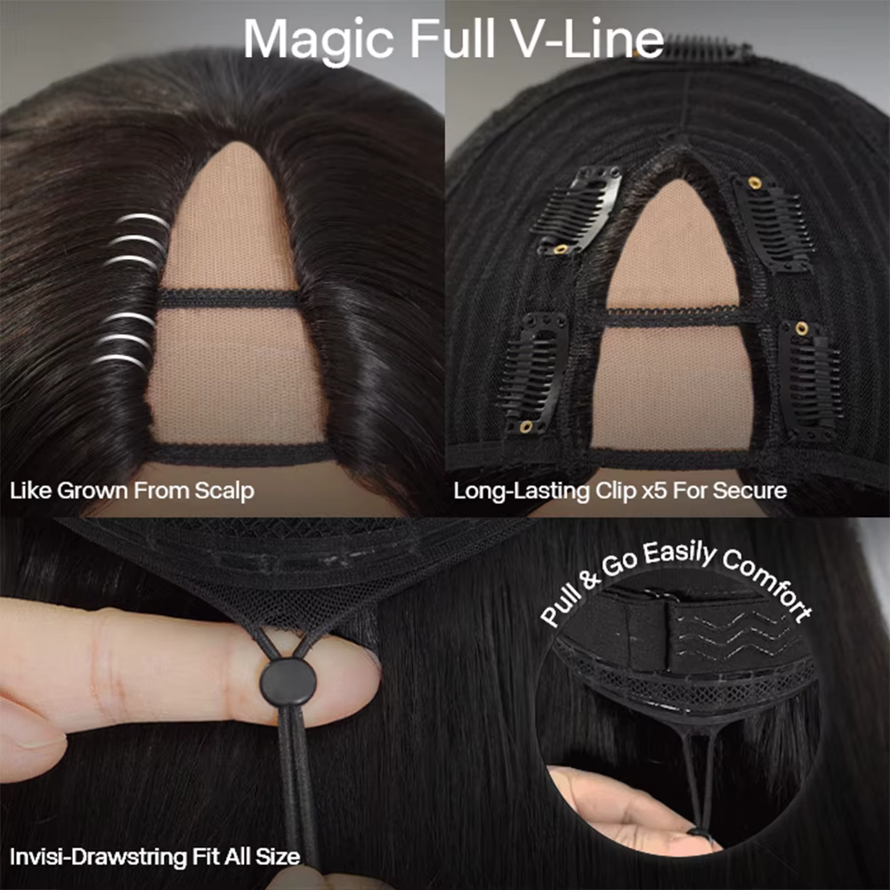Perruque V Part Body Wave en cheveux humains, version améliorée, sans colle, pour débutantes, à clips, sans besoin de laisser de cheveux apparents, sans colle, sans couture, densité 250%