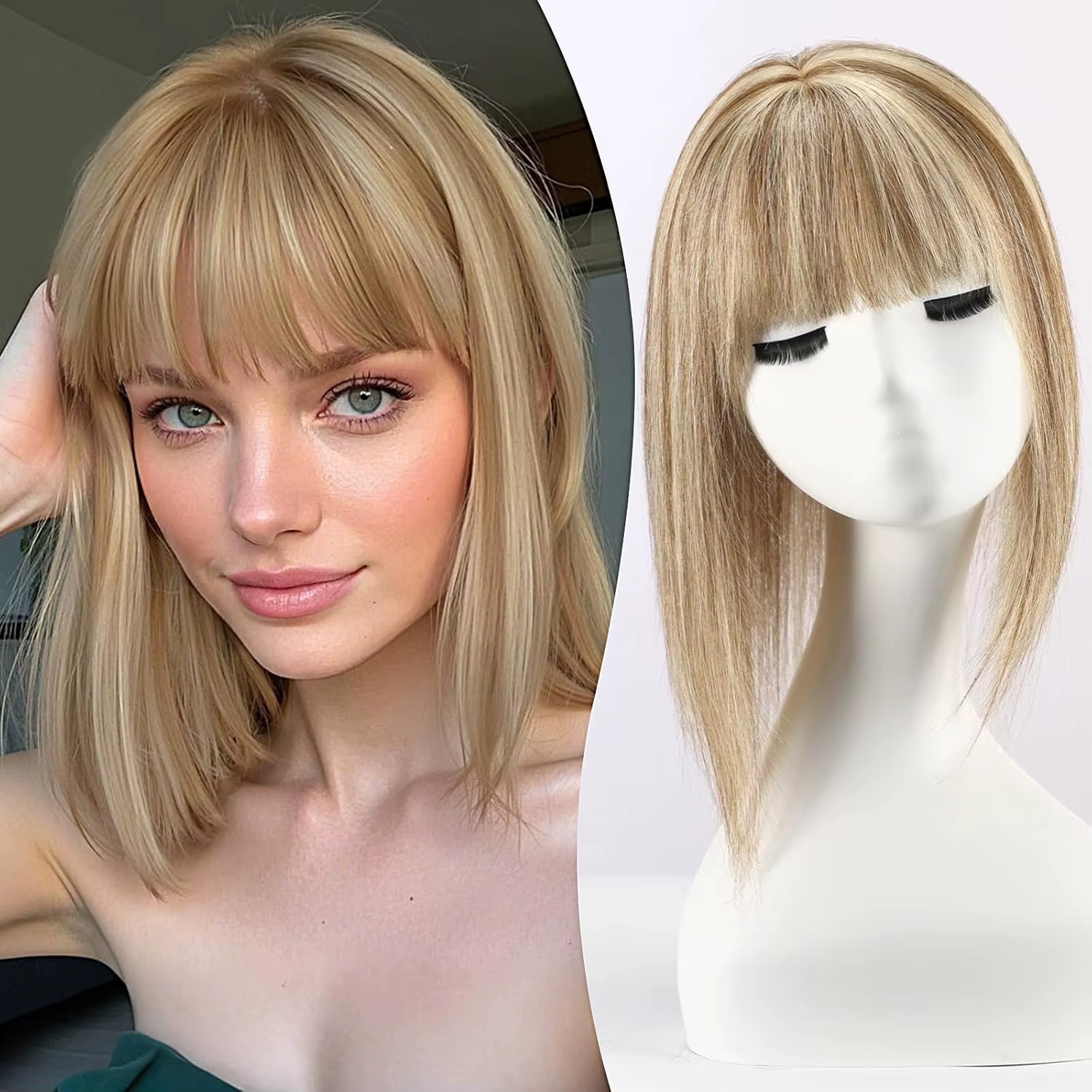 Extensions de cheveux humains blonds mélangés bruns avec frange