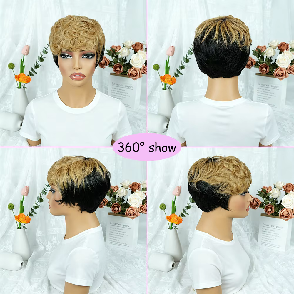 Afro crépus bouclés Bob perruque cheveux humains noir Champagne couleur