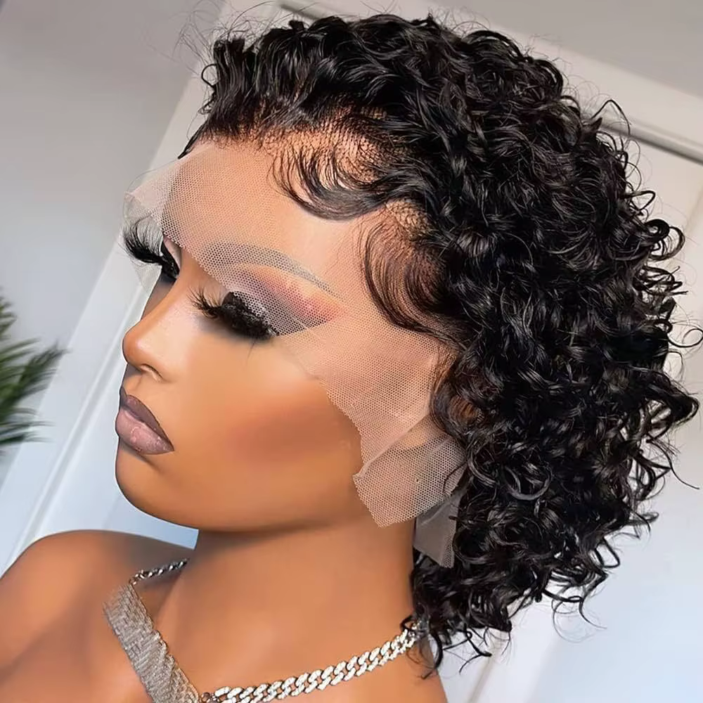 Perruque de cheveux humains avant de dentelle bouclée courte pour les femmes