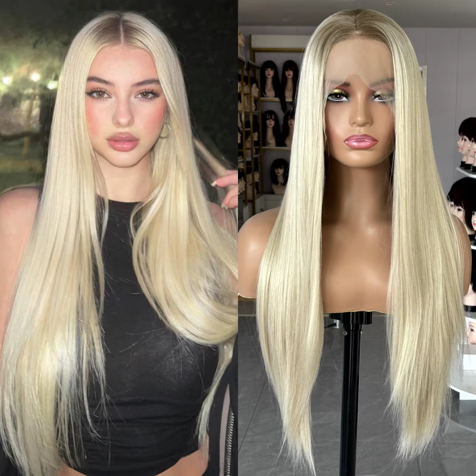Perruque synthétique lisse longue blonde ombrée pour femmes