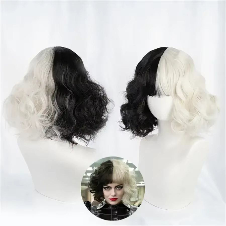 CRUELLA Deville De Vil noir blanc avec frange courte Bob résistant à la chaleur perruque De cheveux Cosplay Halloween