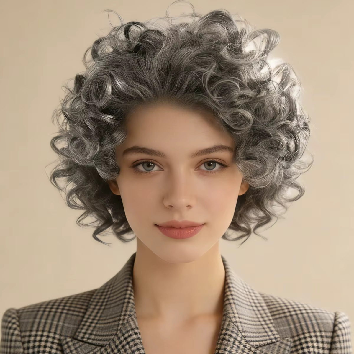Perruque courte bouclée grise pour femme âgée
