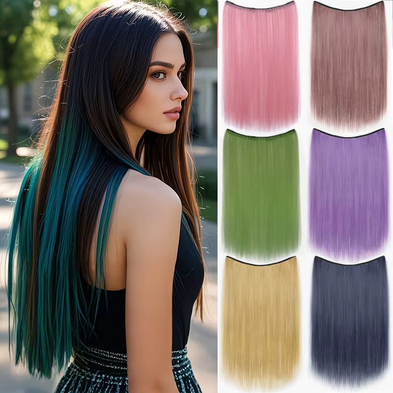 Extensions de cheveux colorées à clipser - Avec cinq clips / Postiche long et lisse en fibre synthétique résistante à la chaleur pour fille