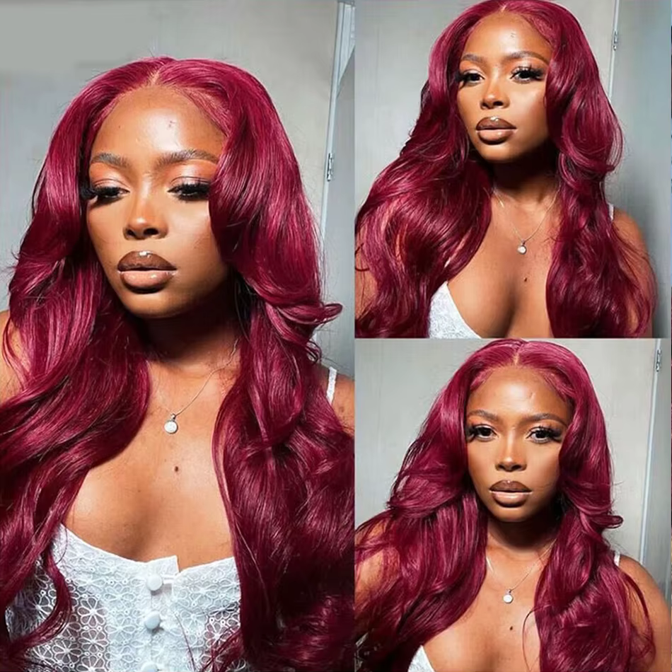 Perruques de cheveux humains ondulés bordeaux pour femmes
