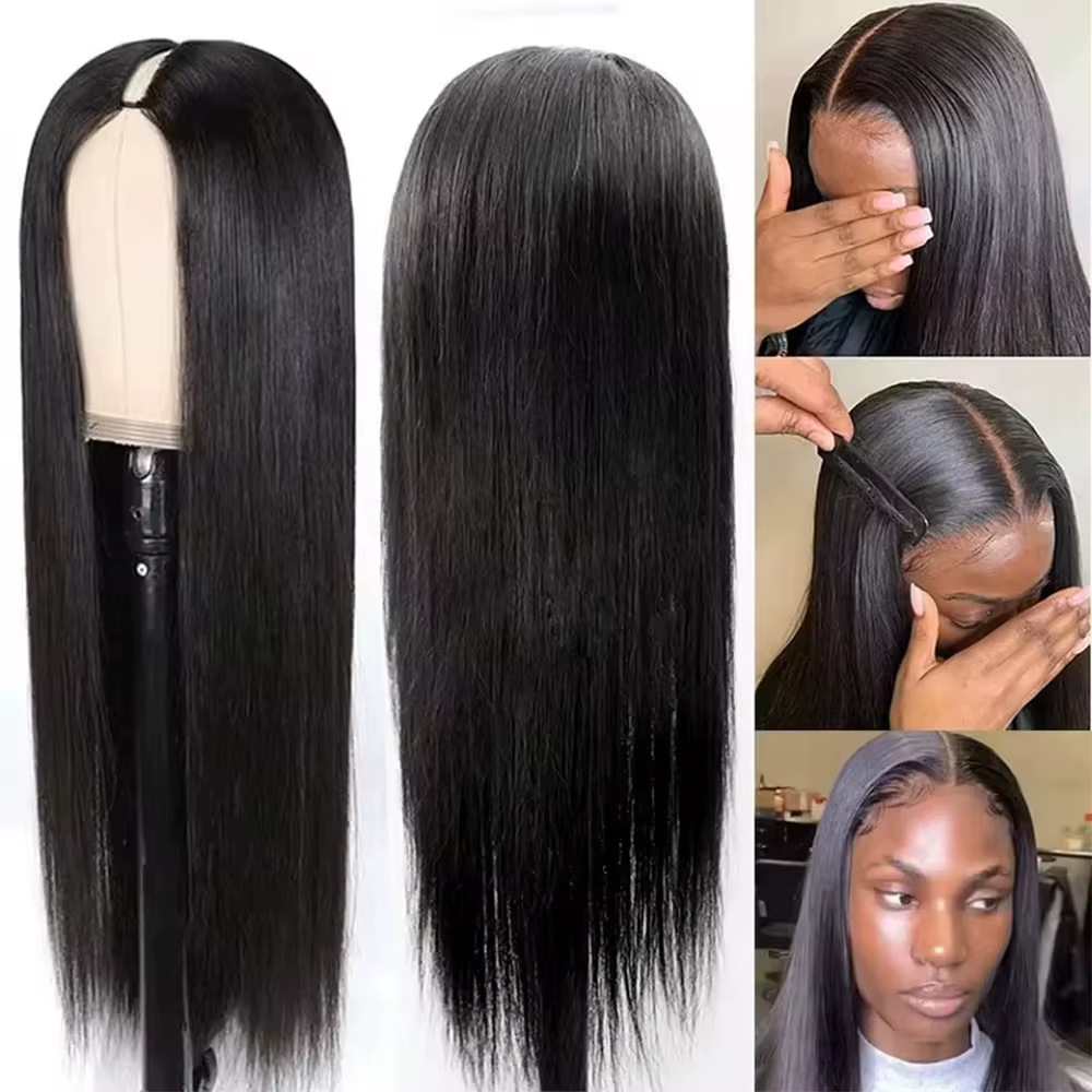 Perruque en cheveux humains lisses en forme de V
