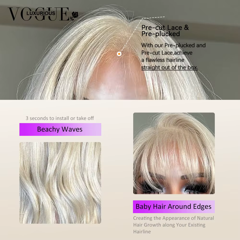 LUX VOGUE Platinum Blonde 100% perruque de cheveux humains avec frange 13x6 Transparent mise à niveau dentelle avant