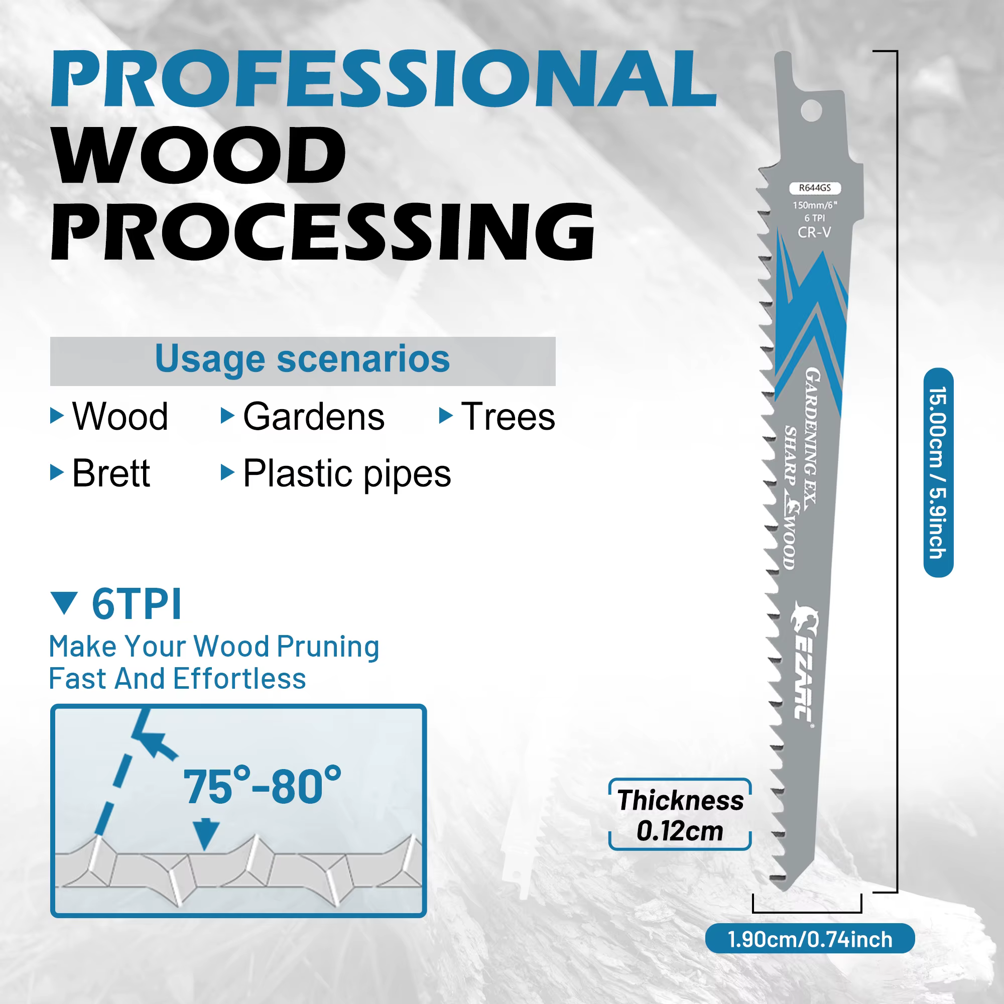 EZARC lames de scie alternative pour l'élagage du bois, 150mm 6TPI /225mm 5TPI CRV lames de scie à dents tranchantes au sol outils de coupe 6 ''9''
