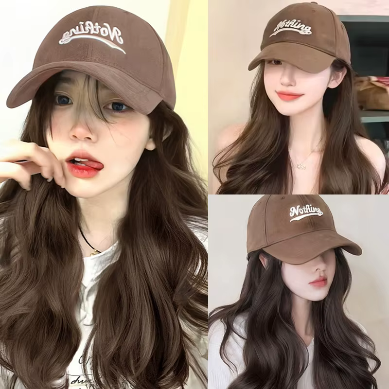 Perruque synthétique ondulée avec casquette de baseball marron et longs cheveux ondulés