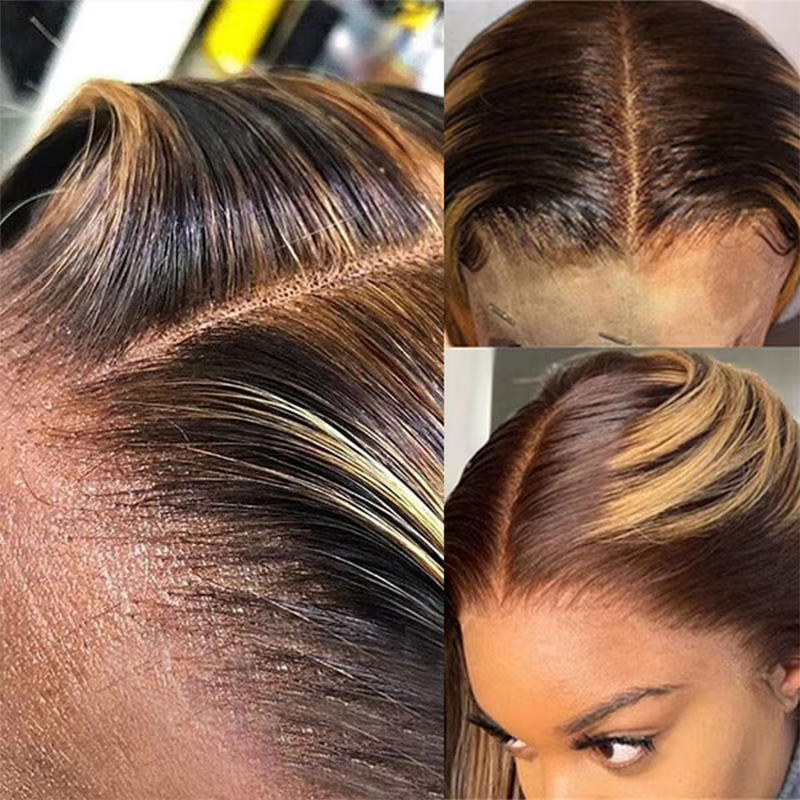 Perruque Lace Front Wig brésilienne naturelle, cheveux lisses, blond miel, 13x6, à reflets, pour femmes