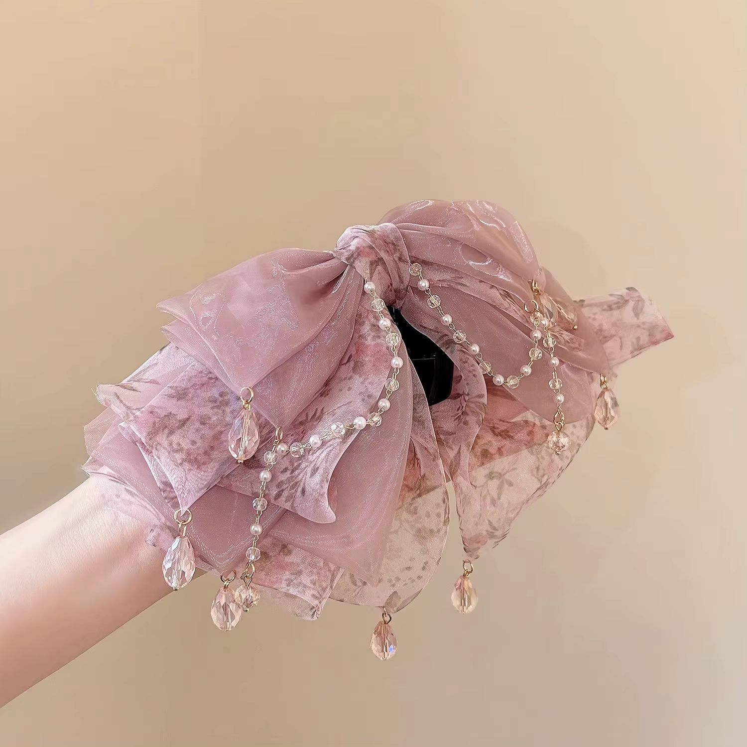 Pince à cheveux avec pompon en cristal bordeaux – Design floral aquarelle avec grand nœud