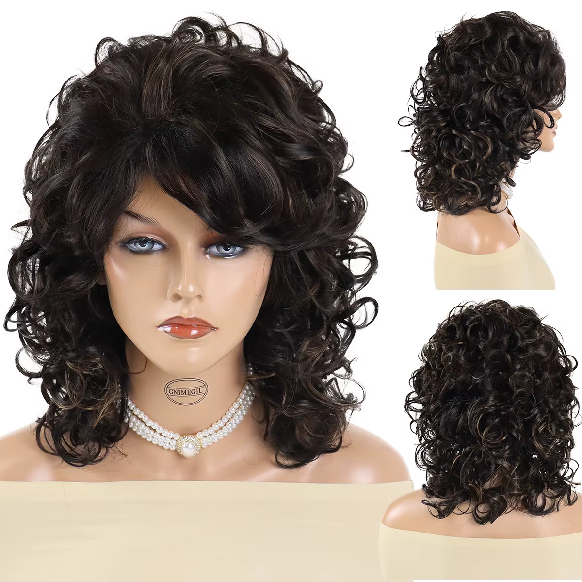 Perruque synthétique brune bouclée volumineuse avec frange pour femme