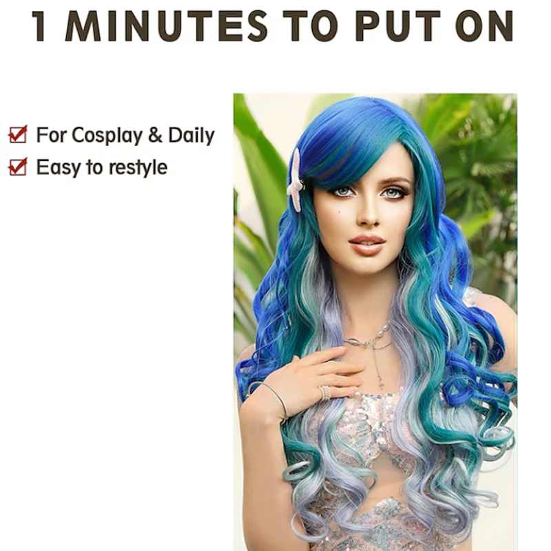 HAIRJOY Perruque synthétique longue ondulée bleu-vert style sirène