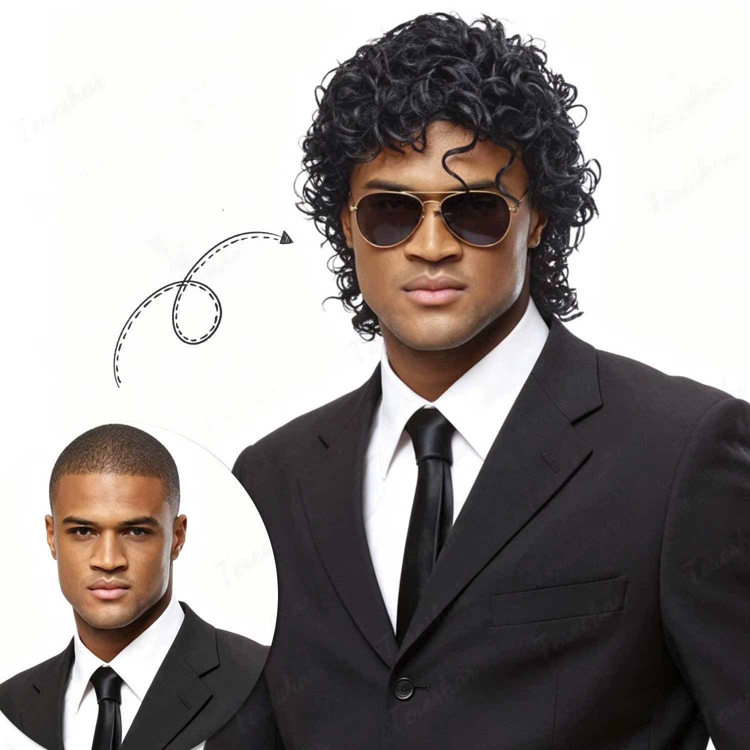 Perruque courte noire bouclée style rocker disco pour hommes avec lunettes
