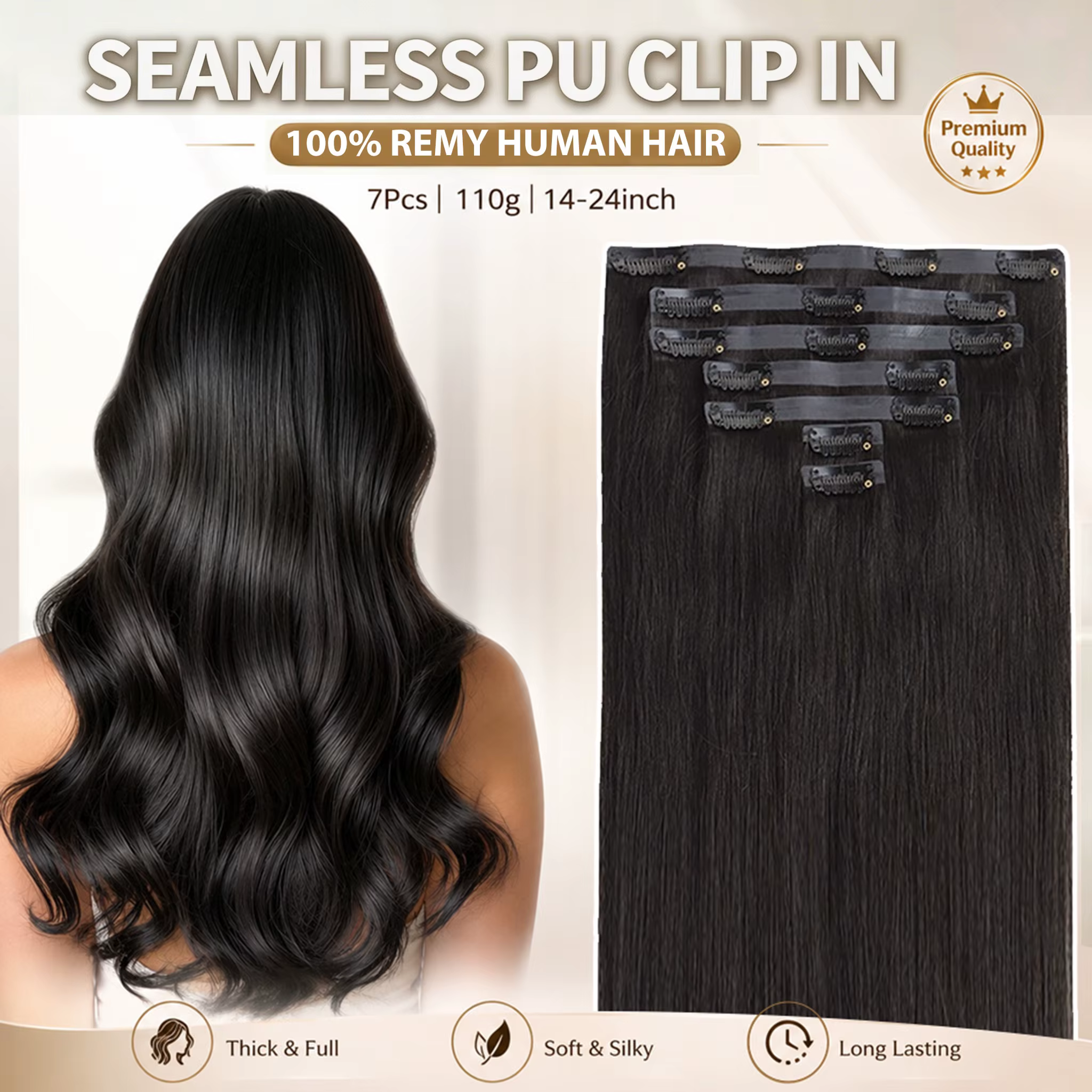 Extensions de cheveux humains à clips invisibles en PU