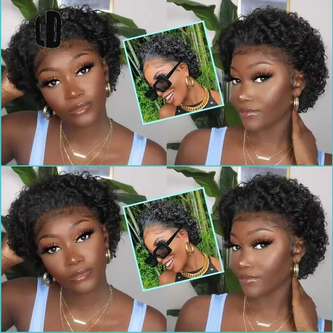 Perruque de cheveux humains brésiliens pour femmes noires Afro bouclés Pixie Bob courte ligne